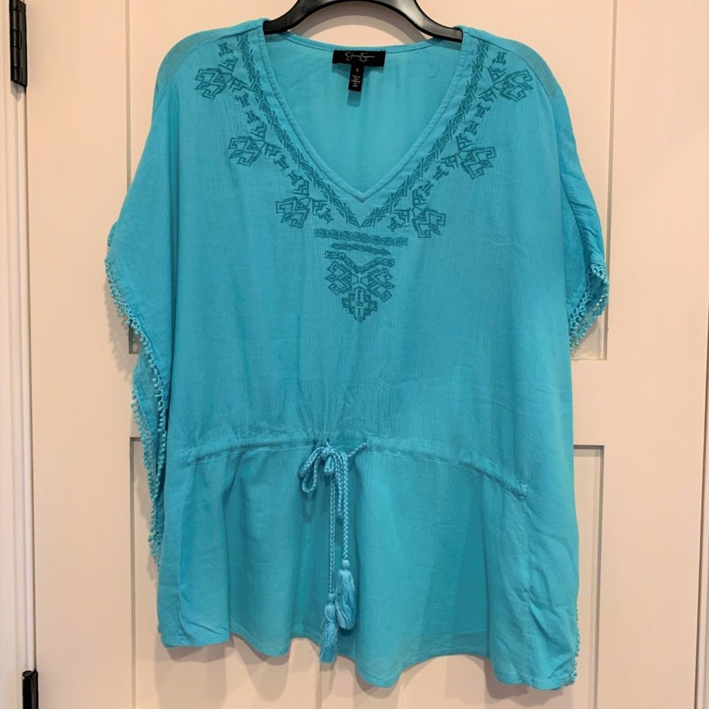 JESSICA SIMPSON BLUE TURQUOISE LINEN TOP COVER UP
